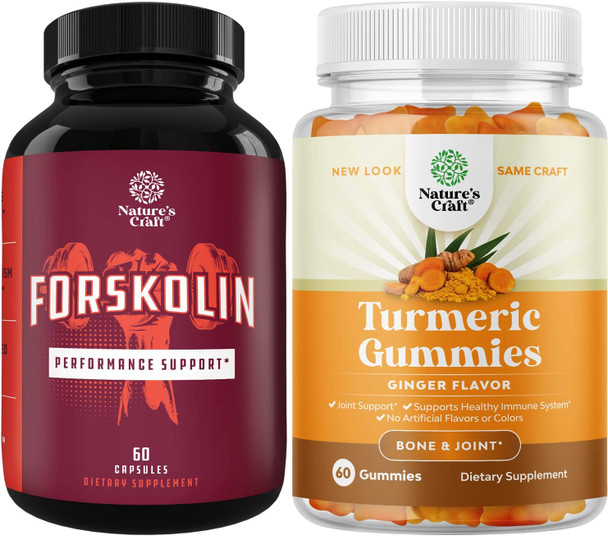 Bundle of 100% Pure Forskolin Extract 60 Capsules & Turmeric Curcumin Immune Support Gummies - Provides Brain and Joint Support - Diet Suppressant for Men and Women - 60 Antioxidants Capsules