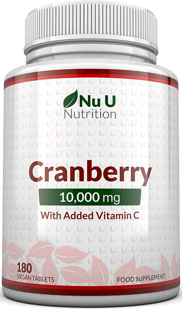 Cranberry Tablets 10,000mg - 180 Vegan Tablets with Vitamin C - High Strength Cranberry Extract