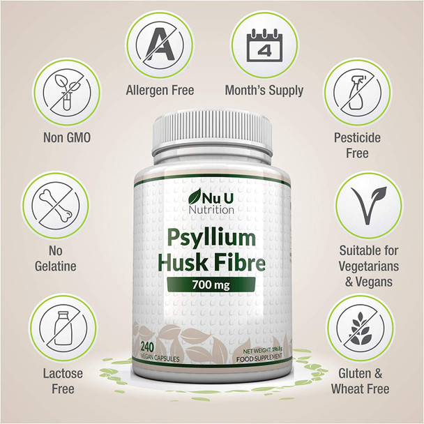 Psyllium Husk 1400mg - 240 Vegan Capsules - 700mg per Capsule - Natural Prebiotic Fibre Supplement from Plantago Ovata Seeds - Ispaghula Husk - Made in The UK