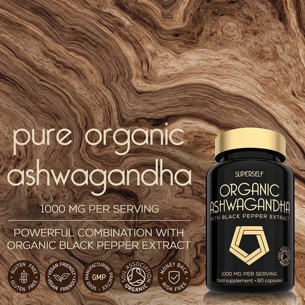 Organic Ashwagandha Capsules - 1000mg Pure Ashwaganda Root Powder per Serving - 60 Vegan Tablets with Black Pepper Extract - High Strength Ashwanghanda Supplement - Certified by Soil Association
