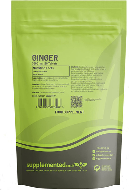Ginger Root Extract 3000mg 180 Tablets UK Made. Pharmaceutical Grade