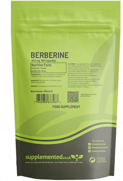 Berberine 98% 500mg 180 Capsules UK Made. Pharmaceutical Grade High Strength Supplement Metabolism Blood Sugar