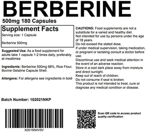 Berberine 98% 500mg 180 Capsules UK Made. Pharmaceutical Grade High Strength Supplement Metabolism Blood Sugar