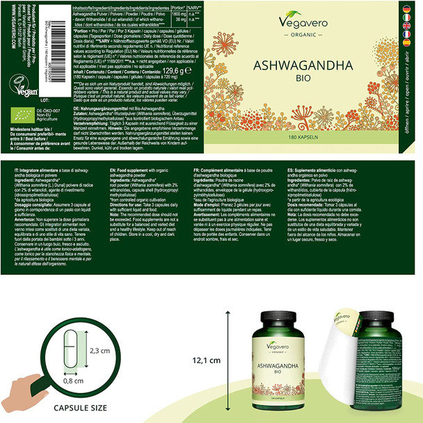 Ashwagandha Vegavero | 100% Organic | 1800mg Root Powder | with Withanolides | 180 Vegan Capsules | NO Additives