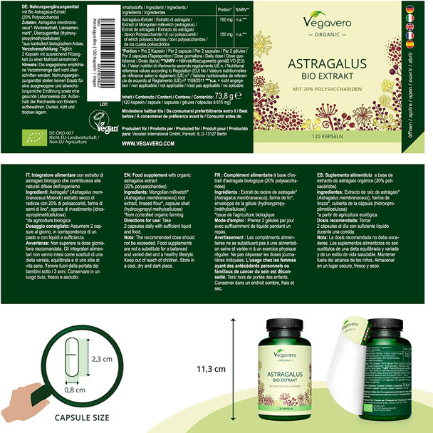 Astragalus 11250mg Vegavero® | 100% Organic | Root Extract (15:1) | NO Additives | 120 Vegan Capsules