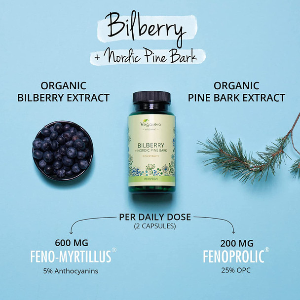 Organic Bilberry & Pine Bark Vegavero® | High Strength 20:1 Extracts | Premium Quality from Finland (Feno-Myrtillus® & Fenoprolic®)| NO Additives | Vegan | 90 Capsules