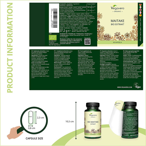 Maitake Vegavero® | 100% Organic | 500mg (15:1) Mushroom Extract | with 50% Polysaccharides | NO Additives | 60 Vegan Capsules