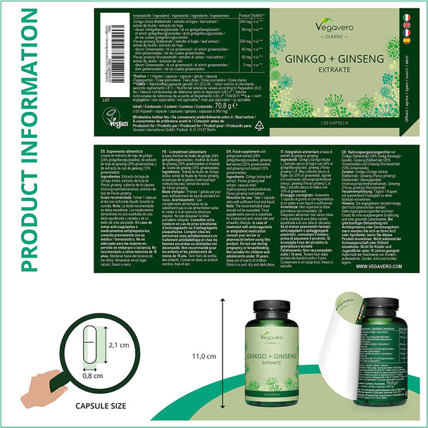 Ginkgo Biloba & Panax Ginseng Vegavero® | NO Additives | 12000 mg Ginkgo & 2000 mg Red Korean Ginseng Extracts | Vegan | 120 Capsules (4 Month Supply)