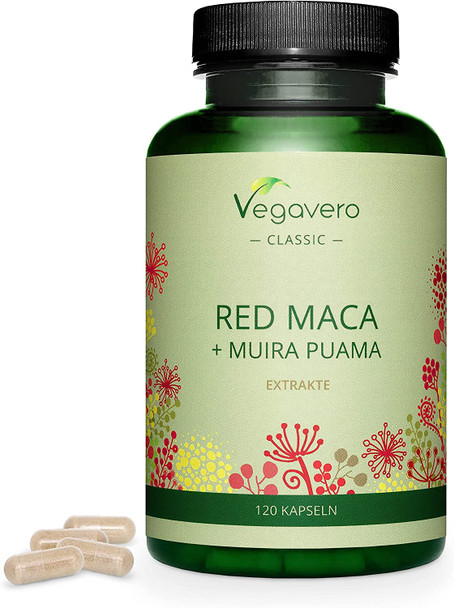 RED MACA Root + Muira PUAMA Vegavero® | 5000mg (10:1) Extract | Libido Booster Supplements | Peruvian Ginseng + Potency Wood | 120 Capsules | No Additives | Vegan