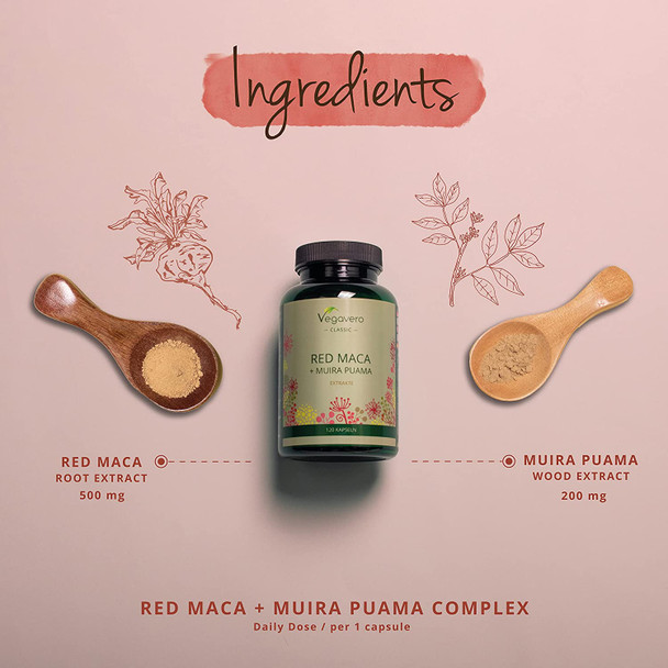 RED MACA Root + Muira PUAMA Vegavero® | 5000mg (10:1) Extract | Libido Booster Supplements | Peruvian Ginseng + Potency Wood | 120 Capsules | No Additives | Vegan