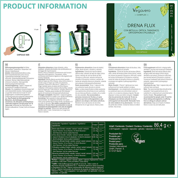 Natural Fluid Balance Vegavero® | Water Retention | 4-Month Supply | Dandelion Root, Stinging Nettle Leaf, Birch Leaf Extracts | Bloat Reduction | 120 Vegan Capsules