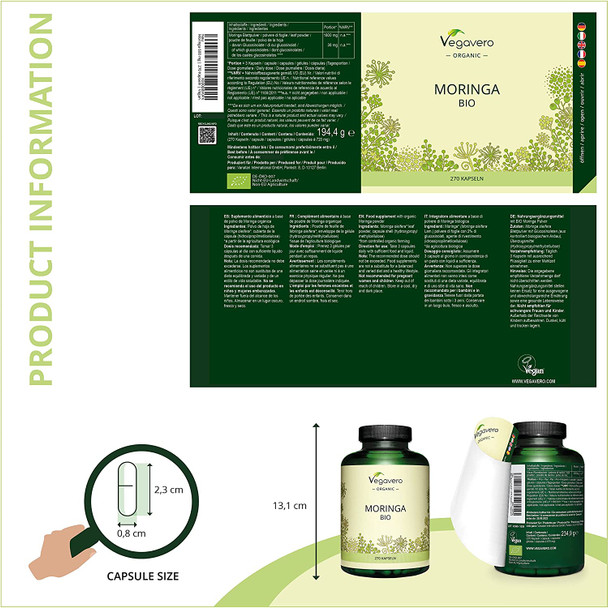 Organic Moringa Oleifera 1800mg Vegavero® | 270 Capsules | Pure Moringa Leaf Powder from Sri Lanka | Vegan & NO Additives | Natural Source of Proteins, Vitamins & Minerals