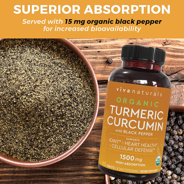 Organic Turmeric Curcumin Supplement 1,500mg (90 Tablets), Turmeric Curcumin with with Black Pepper for Superior Absorption, High Potency Standardized to 95% Curcuminoids, Joint Support