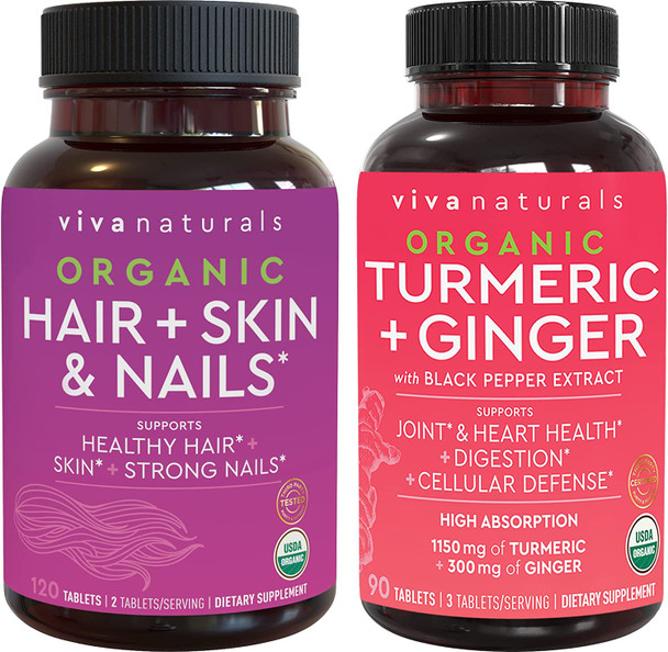 Organic Hair Skin and Nails Vitamins + Organic Turmeric with Black Pepper & Ginger Bundle, Made with Biotin 5000mcg for Healthy Hair, Turmeric for Natural Joint Support