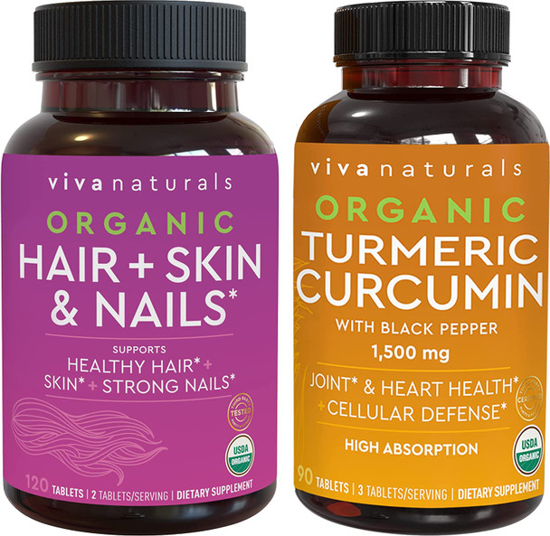 Organic Hair Skin and Nails Vitamins + Organic Turmeric Curcumin with Black Pepper Bundle, Made with Biotin 5000mcg for Healthy Hair, Turmeric for Natural Joint Support