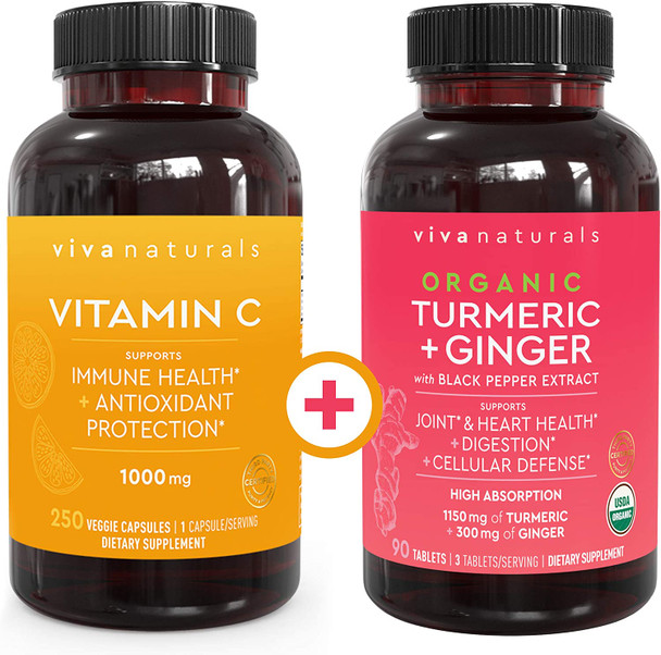 Viva Naturals Vitamin C 1000mg (250 Capsules) and Organic Turmeric Curcumin Supplement with Ginger Extract (90 Tablets) Bundle