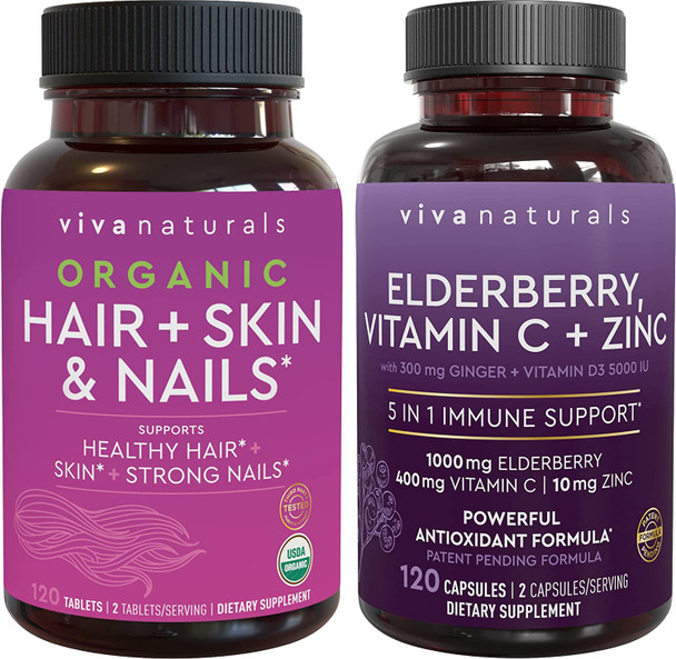 Organic Hair Skin and Nails + Elderberry, Vitamin C & Zinc Bundle, Made with Biotin 5000mcg for Healthy Hair, Elderberry for Antioxidant & Immune Support