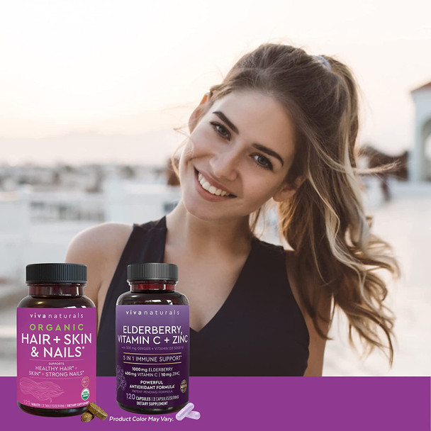 Organic Hair Skin and Nails + Elderberry, Vitamin C & Zinc Bundle, Made with Biotin 5000mcg for Healthy Hair, Elderberry for Antioxidant & Immune Support