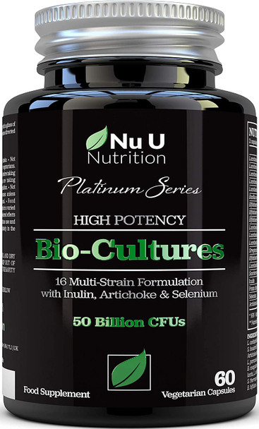 Bio Cultures Complex, 5 Times Stronger 50 Billion CFU Source Powder, 16 Live Strains with Inulin and Selenium for Immune Support - 60 Vegetarian Capsules with Lactobacillus Acidophilus for Adults