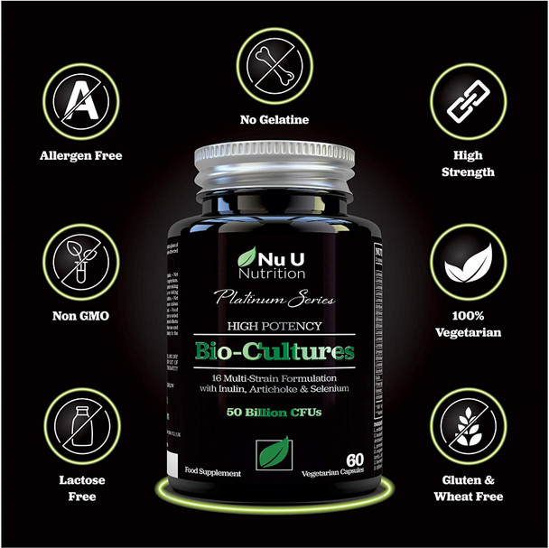 Bio Cultures Complex, 5 Times Stronger 50 Billion CFU Source Powder, 16 Live Strains with Inulin and Selenium for Immune Support - 60 Vegetarian Capsules with Lactobacillus Acidophilus for Adults