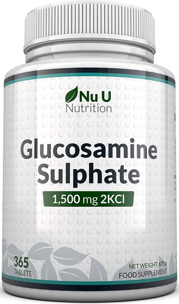 Glucosamine Sulphate 1500 mg 2KCl, 365 Tablets (1 Year Supply) | High Strength Glucosamine Tablets 2KCl | Made in The UK by Nu U Nutrition