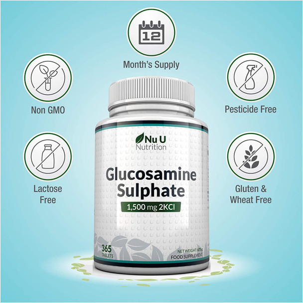 Glucosamine Sulphate 1500 mg 2KCl, 365 Tablets (1 Year Supply) | High Strength Glucosamine Tablets 2KCl | Made in The UK by Nu U Nutrition
