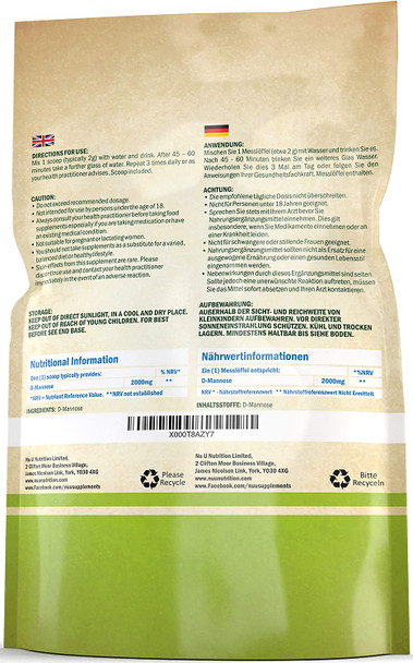 D-Mannose Powder | 150g (75 Servings) | Allergen Free | Suitable for Vegetarians & Vegans | Made in The UK by Nu U Nutrition