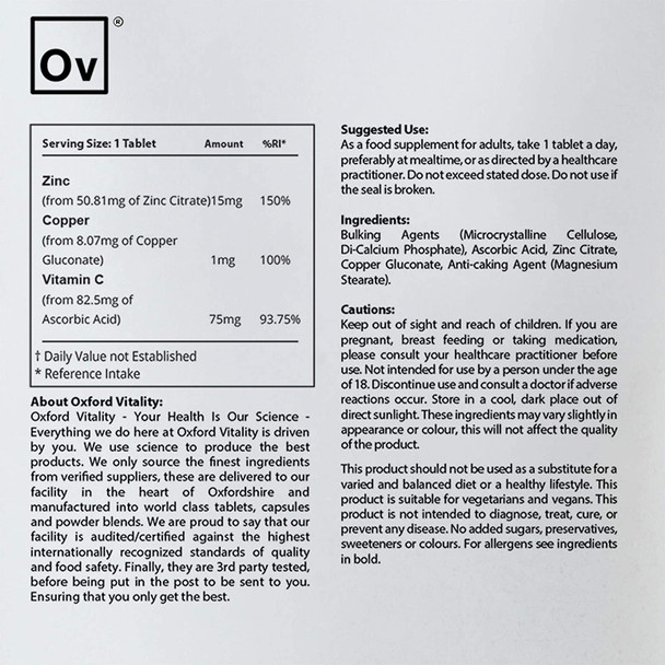 Zinc, Copper & Vitamin C Tablets | General Health & Hair, Skin and Nails | Oxford Vitality