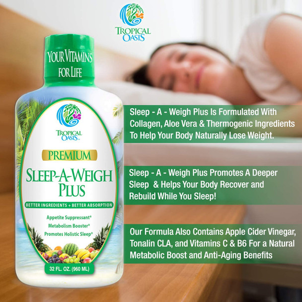 Sleep-A-Weigh Plus | Liquid Sleep Multimineral | Natural Sleep, Stress & Weight Loss Aid | w/Collagen, L-Carnitine, L-Lysine, Tonalin CLA, Apple Cider Vinegar, 5-HTP, Vitamins | Non-GMO | 32 Serv