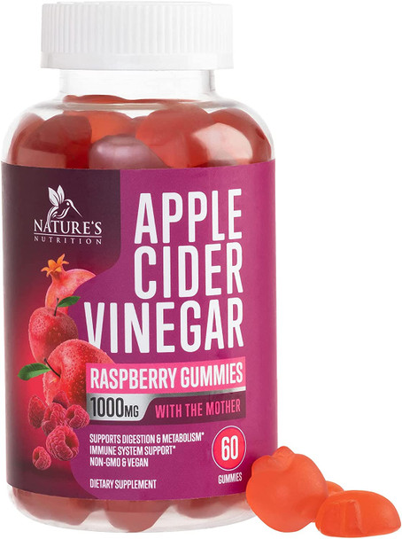 Apple Cider Vinegar Gummy Vitamins for Weight Loss & Cleanse 1000mg - Gelatin-Free, Vegan, Non-GMO, Made with Beet Root & Essential Vitamin B12 for Energy - Apple Raspberry Flavor - 60 Gummies