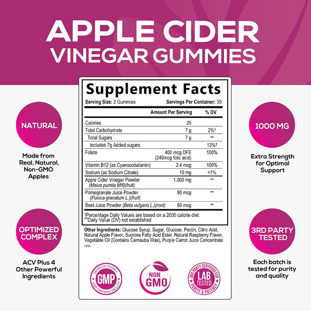 Apple Cider Vinegar Gummy Vitamins for Weight Loss & Cleanse 1000mg - Gelatin-Free, Vegan, Non-GMO, Made with Beet Root & Essential Vitamin B12 for Energy - Apple Raspberry Flavor - 60 Gummies