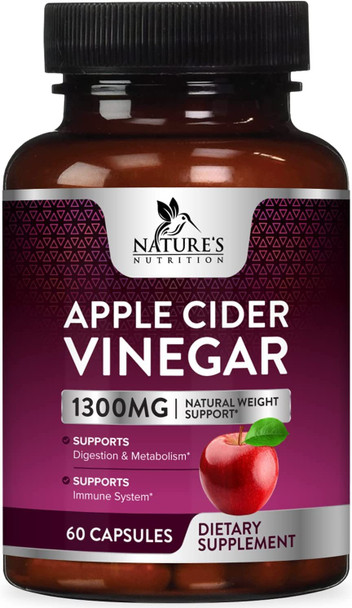 Apple Cider Vinegar Capsules 1300mg for Weight Loss, Natural Detox and Cleanse, Digestion Support, Immune Support - Apple Cider Vinegar Pills Supplement - Vegan Non-GMO & Gluten Free - 60 Capsule