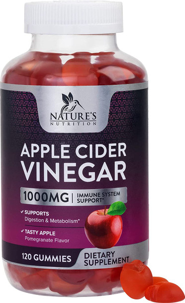 Apple Cider Vinegar Gummy Vitamins for Detox & Cleanse 1000mg - Gelatin-Free, Vegan, Non-GMO, Made with Beet Root & Essential Vitamin B12 for Energy - Natural Apple Flavor - 120 Gummies