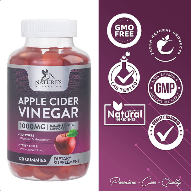 Apple Cider Vinegar Gummy Vitamins for Detox & Cleanse 1000mg - Gelatin-Free, Vegan, Non-GMO, Made with Beet Root & Essential Vitamin B12 for Energy - Natural Apple Flavor - 120 Gummies