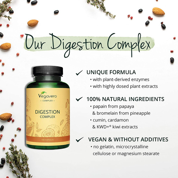 Digestive Enzyme Vegavero® | 100% Natural | Papain, Bromelain & KWD+® and Plant Extracts | Without Additives | 180 Vegan Capsules