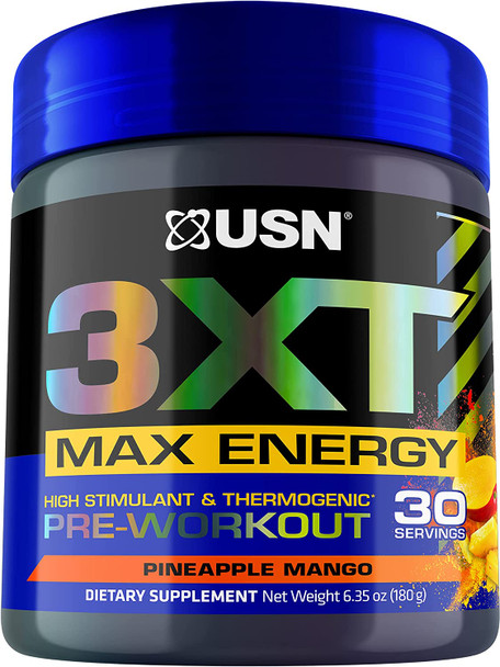 USN 3XT Max Pre-Workout Supplement Powder for Energy, Endurance and Pump, Drink Mix, Nitric Oxide, Citrulline, Caffeine, Zero Creatine, Pineapple Mango, 6.4 Oz
