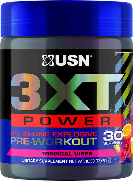 USN 3XT Power Pre-workout Powder for Men and Women, Nitric Oxide Supplement With L-Citrulline & Nitrosigine, Muscle Growth, Pumps, Vascularity, & Energy Drink Mix - 30 Serving (Tropical Vibes)