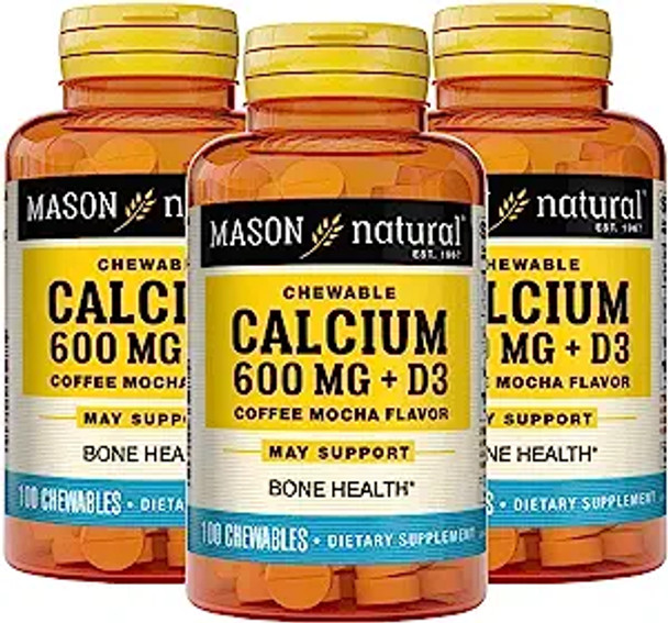 Mason Natural Calcium 600 Mg With Vitamin D3 - Supports Healthy Bones, Strengthens Muscle Function, Coffee Mocha Flavor, 100 Chewables (Pack Of 3)