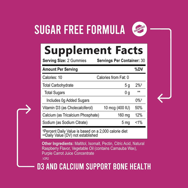 Calcium with Vitamin D3 Sugar Free Gummies - Supports Bone Health & Teeth - Highly Concentrated Calcium & Vitamin D Gummy Chew Supplement - Natural, Non-GMO, & Gluten Free - Women & Men - 60 Gummies