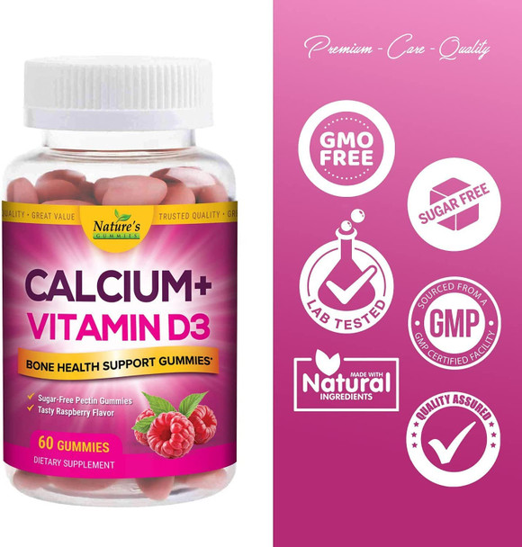 Calcium with Vitamin D3 Sugar Free Gummies - Supports Bone Health & Teeth - Highly Concentrated Calcium & Vitamin D Gummy Chew Supplement - Natural, Non-GMO, & Gluten Free - Women & Men - 60 Gummies