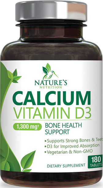Calcium Carbonate with Vitamin D, Supports Immune Health & Bone Health, 1300mg Calcium & 800 IU Vitamin D3, Fast Absorption, Gluten Free, Supplement for Women & Men by Natures Nutrition - 180 Tablets