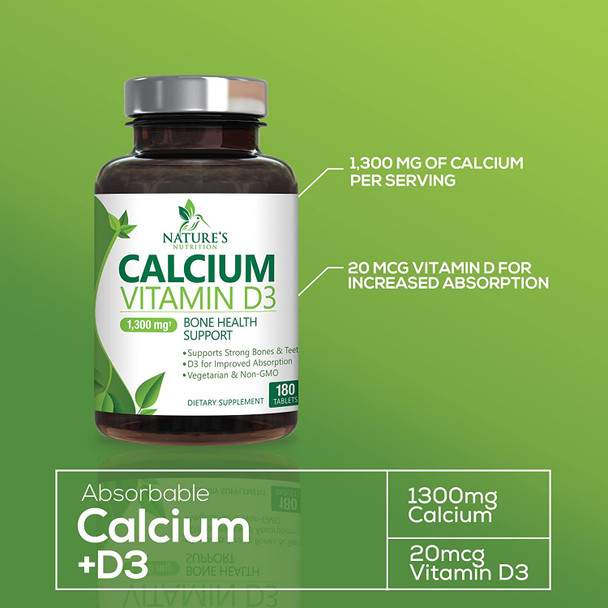 Calcium Carbonate with Vitamin D, Supports Immune Health & Bone Health, 1300mg Calcium & 800 IU Vitamin D3, Fast Absorption, Gluten Free, Supplement for Women & Men by Natures Nutrition - 180 Tablets