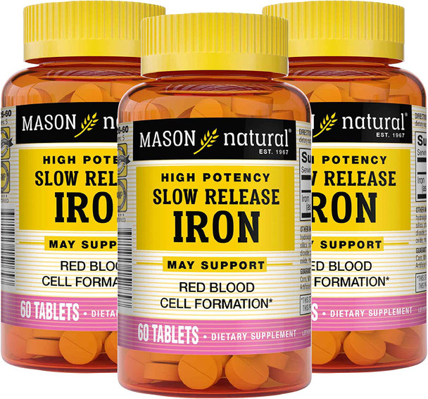 Mason Natural Slow Release Iron (Ferrous Sulfate) - Supports Red Blood Cell Formation, Gentle on Stomach, High Potency Iron Supplement, 60 Tablets (Pack of 3)