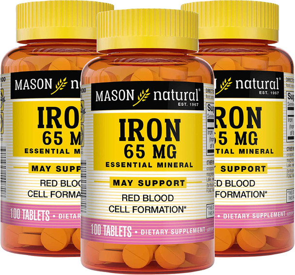 MASON NATURAL Iron 65 mg Supports Red Blood Cell Formation, Improves Energy Utilization, Essential Mineral Supplement Tablets, Black, 100 Count, Pack of 3