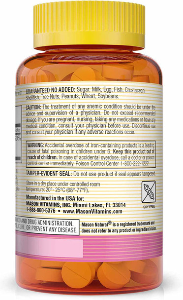 MASON NATURAL Iron 65 mg Supports Red Blood Cell Formation, Improves Energy Utilization, Essential Mineral Supplement Tablets, Black, 100 Count, Pack of 3