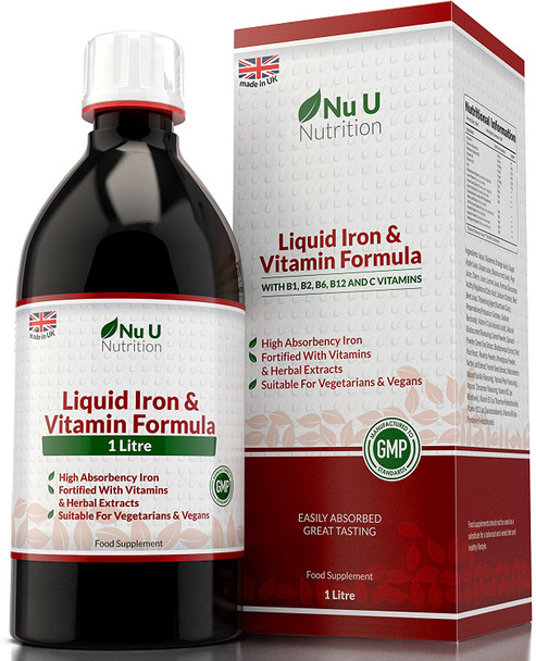 Liquid Iron Supplement 1 Litre | 50 Day's Supply | Fortified with Vitamins and Herbal Extracts | Includes Vitamin B2, B6, B12 & Vitamin C | Great Tasting Vegetarian & Vegan Liquid Iron by Nu U Nutrition