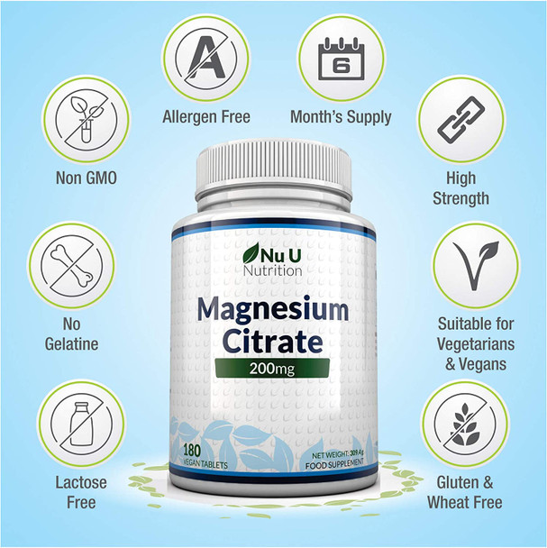 Magnesium Citrate 200mg | 180 Tablets for 6 Month Supply of Magnesium Tablets | Made in The UK by Nu U Nutrition