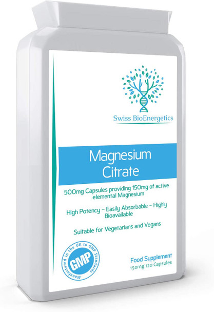 Magnesium Citrate 500mg 120 Capsules - Providing 150mg of Active Elemental Magnesium - High Potency - Easily Absorbable - Highly Bioavailable - UK Manufactured