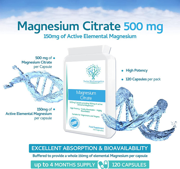 Magnesium Citrate 500mg 120 Capsules - Providing 150mg of Active Elemental Magnesium - High Potency - Easily Absorbable - Highly Bioavailable - UK Manufactured