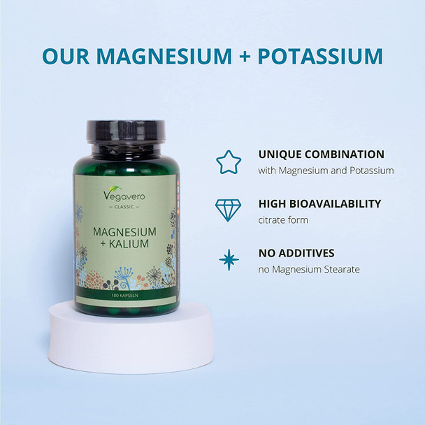 Magnesium + Potassium Vegavero® | High Strength Citrate Forms | 180 Vegan Capsules | Electrolytes for Hydration & Recovery